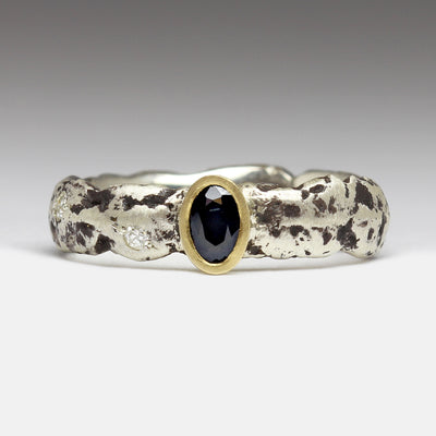 Extra Texture Sandcast Silver Ring with Own Sapphire Set in 18ct Yellow Gold Bezel & Scatter of Own Diamonds