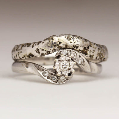 Extra Texture Sandcast 9ct White Gold Ring Fitted Against Engagement Ring