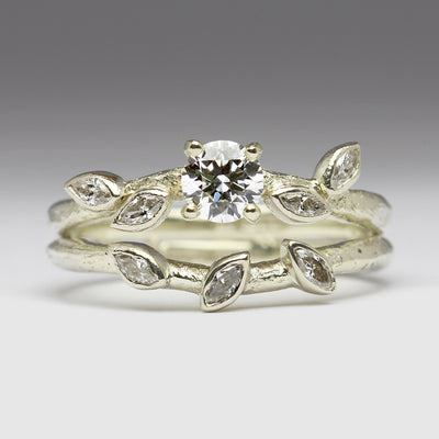 Sandcast Shaped Wedding Set in 9ct White Gold with Own 4.7mm White Diamond & Bezel Set Marquise Diamonds