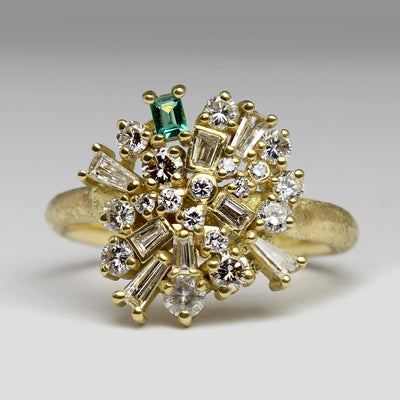 18ct Yellow Gold Sandcast Ring with Own Diamonds & Emerald in Custom Cluster Setting
