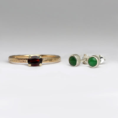 Sandcast Ring in Heirloom 9ct Yellow Gold & Own Garnet & Sandcast Silver Studs with Own Green Gems
