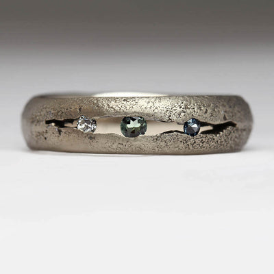 Sandcast 14ct White Gold Ring with Alexandrite, Montana Sapphire & Own Diamonds Set in Crevice & Flush Set in Band