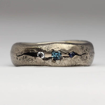 Sandcast 14ct White Gold Ring with Aquamarine and Blue and White Sapphires Set in Crevice