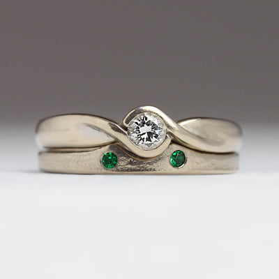 Sandcast 18ct White Gold Shaped Ring with 2 Emeralds