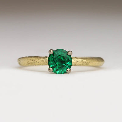 Sandcast 18ct Yellow Gold Ring with 5.5mm Emerald in 18ct White Gold Claw Setting