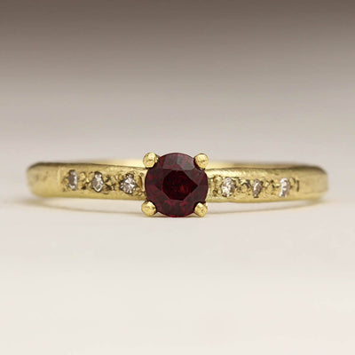 Sandcast 18ct Yellow Gold Ring with Pavé Set Diamonds and 4mm Ruby