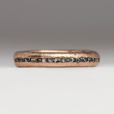 Sandcast 9ct Rose Gold Half Channel Set Ring with Grey & Brown Diamonds & Montana Sapphires