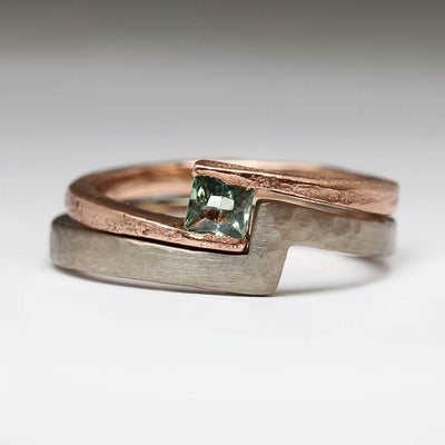 Sandcast 9ct Rose Gold Ring with Princess Cut Green Sapphire & Fitted 18ct White Gold Hammered Ring