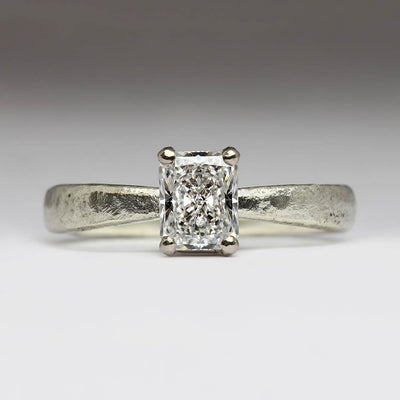 Sandcast 9ct White Gold Engagement Ring with Own Radiant Emerald Cut Diamond