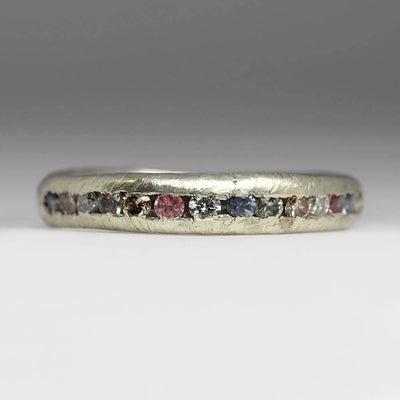 Sandcast 9ct White Gold Half Channel Set Ring with White & Champagne Diamonds & Light Blue, Green & Pink Sapphires