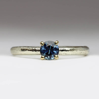 Sandcast 9ct White Gold Ring with 5mm Montana Sapphire & Contrasting 18ct Yellow Gold Setting