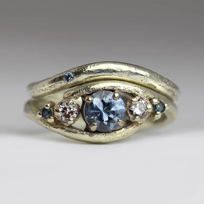 Sandcast 9ct White Gold Engagement Ring with Montana Sapphire, Diamonds & Topaz & Fitted Wedding Band