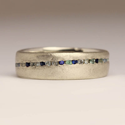 Sandcast 9ct White Gold Ring with Topaz, Alexandrite and Sapphires Channel Set