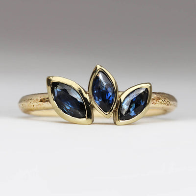 Sandcast 9ct Yellow Gold Ring Cast in Own Gold with Own Tube Set Marquise Sapphires