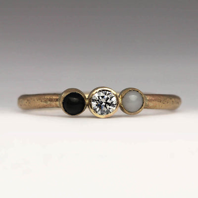 Sandcast 9ct Yellow Gold Ring with 3mm Whitby Jet and Cornish Quartz Set Either Side of 3.5mm Diamond