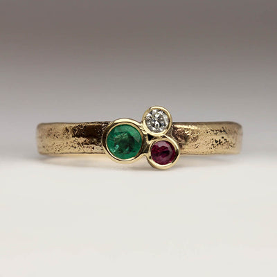 Sandcast 9ct Yellow Gold Ring with Own Bezel Set Emerald, Ruby & Diamond