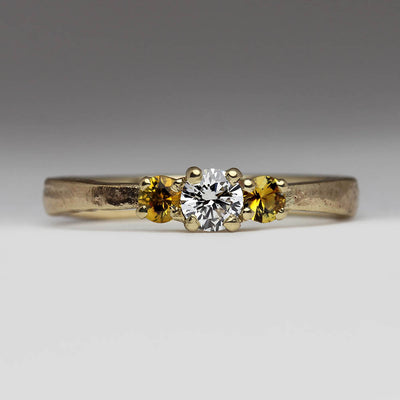 Sandcast 9ct Yellow Gold Ring with White Diamond & Yellow Sapphires