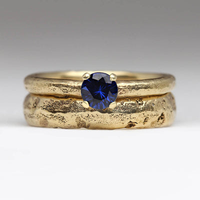 Sandcast 9ct Yellow Gold Wedding & Engagement Set with 4.5mm Royal Blue Sapphire