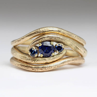 Sandcast 9ct Yellow Gold Wedding Set with Royal Blue Sapphires