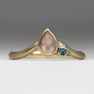 Sandcast 9ct Yellow Gold Wishbone Ring with Pear Shaped Quartz & Sky Blue Topaz