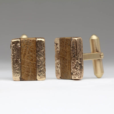 Sandcast Cufflinks Made From Heirloom Gold with Oak Inlay
