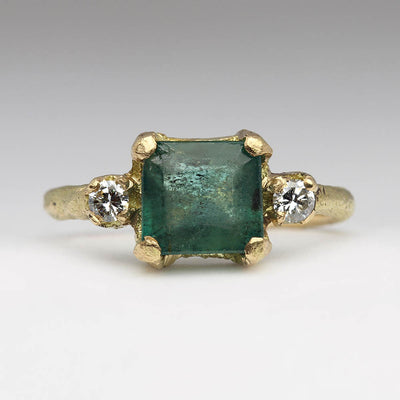 Sandcast Engagement Ring Cast in Own 18ct Yellow Gold with Own Emerald and Diamond