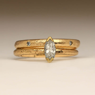 Sandcast Engagement and Wedding Ring Set in 9ct Yellow Gold with Own Marquis Diamond