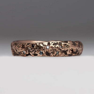 Sandcast Extra Texture 9ct Rose Gold Ring with Diamonds, Red Garnets & Aquamarines Set in Crevices