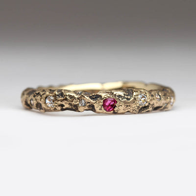Sandcast Extra Texture 9ct Yellow Gold Ring with Own Clear Stones & Rubies