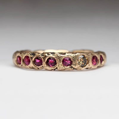 Sandcast Extra Texture Ring in Own Gold & Rubies with 3mm Brown Diamond
