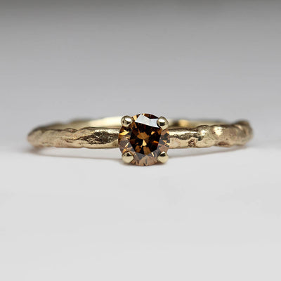 Sandcast Extra Texture Solitaire Ring in Yellow Gold with Brown Diamond