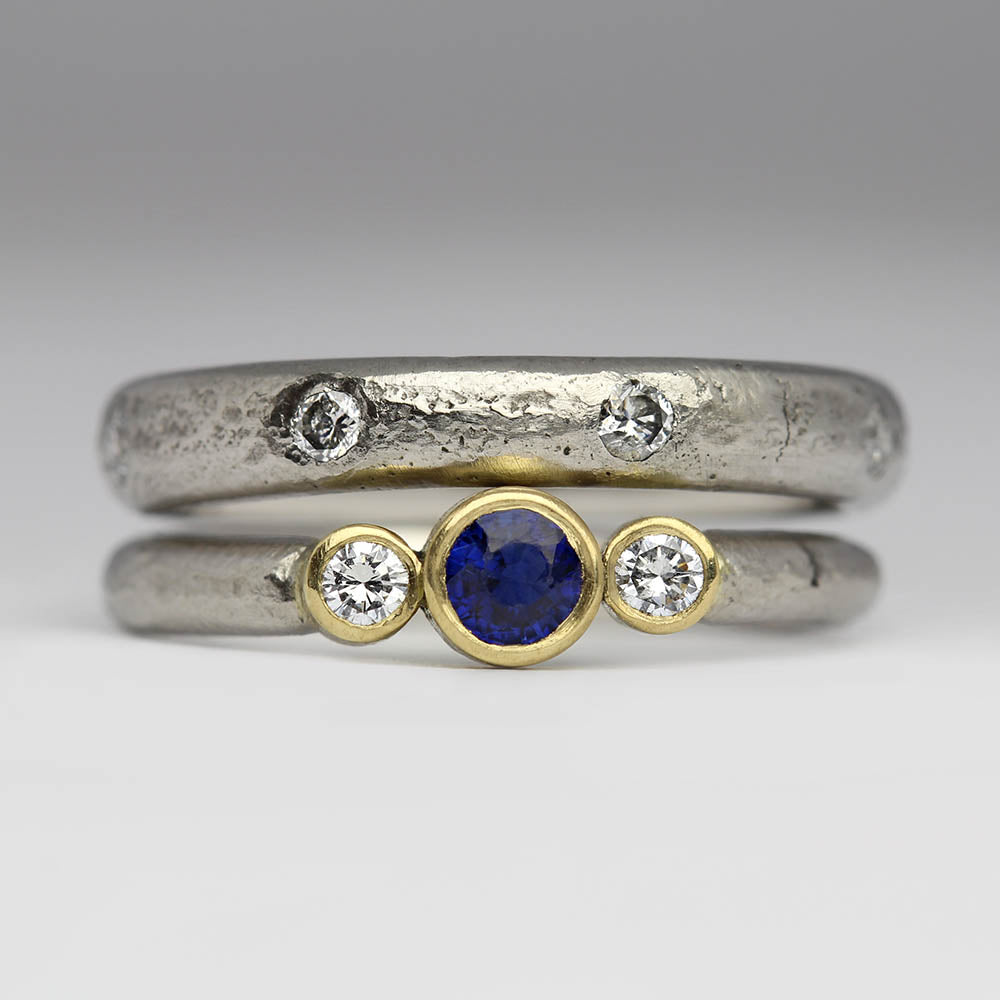 Sandcast Platinum Engagement and Wedding Rings with Own Sapphire and O ...