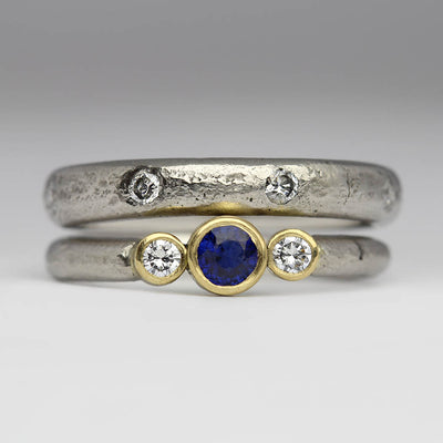 Sandcast Platinum Engagement and Wedding Rings with Own Sapphire and Own Diamonds