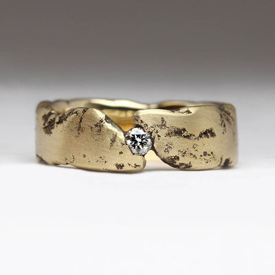 Sandcast R52C Style Ring, 7mm wide, 9ct yellow gold, 3mm white diamond
