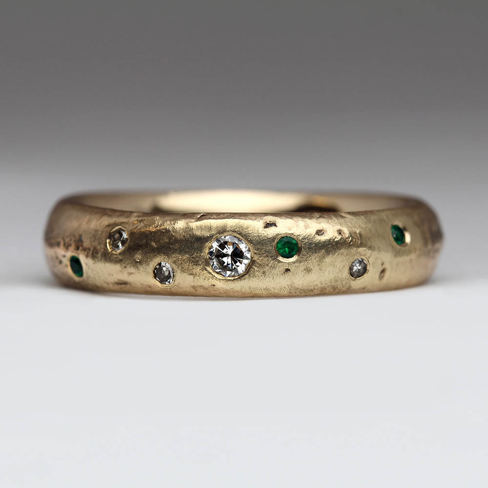 Sandcast Ring Made From Heirloom Gold, Diamonds & Emeralds – Justin Duance