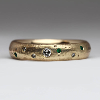 Sandcast Ring Made From Heirloom Gold, Diamonds & Emeralds