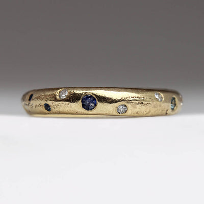 Sandcast Ring Made From Heirloom Gold & Diamonds & Varying Shades of Blue-Green Sapphires