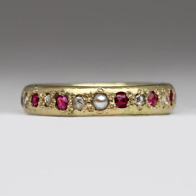 Sandcast Ring Made From Heirloom Gold & Own Pearl, Diamonds & Rubies