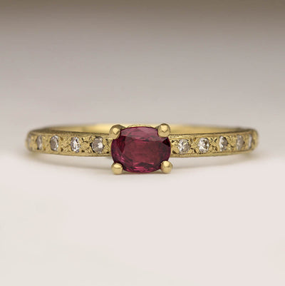 Sandcast Ring in 18ct Yellow Gold with 5x6mm Oval Ruby and Pavé Set Diamonds