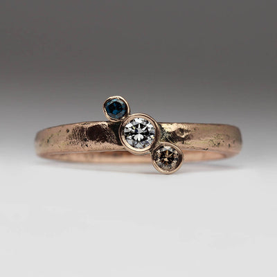 Sandcast Ring in 9ct Rose Gold with Diagonally Set Blue, Champagne and White Diamonds