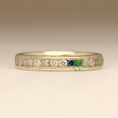 Sandcast Ring in 9ct White Gold with Channel Set Diamonds, with Emerald and Sapphire