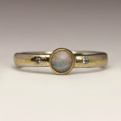 Sandcast Ring in 9ct White Gold with Flush Set Diamonds, 18ct Yellow Gold Inlay and Own Opal