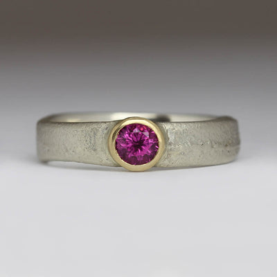 Sandcast Ring in 9ct White Gold with Pink Sapphire in 18ct Yellow Gold Setting