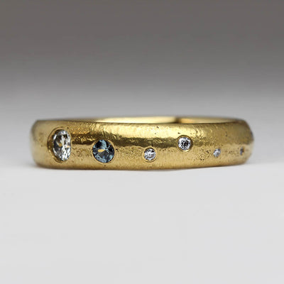 Sandcast Ring in Own 22ct Yellow Gold with White Diamonds, Blue Sapphire & Heirloom Diamond Flush Set in Spica Constellation Pattern