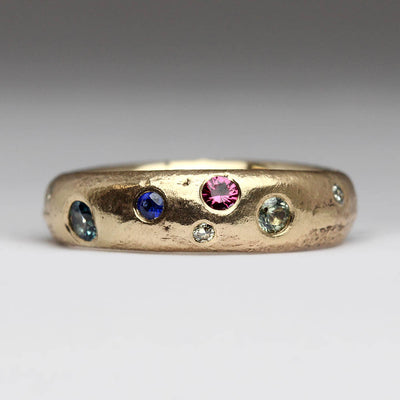 Sandcast Ring in Own 9ct Yellow Gold with Sapphires, Ruby & Own Diamonds