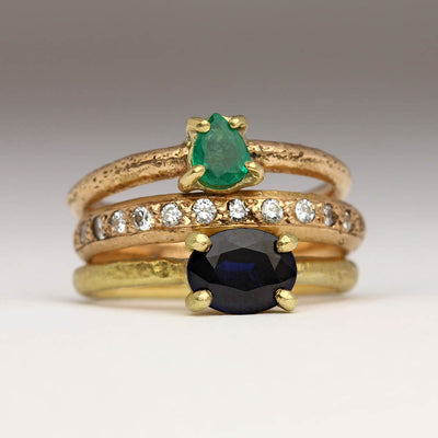 Sandcast Rings Made with Own Gold and Gemstones (Pear Shaped Emerald, Sapphire and Diamonds)