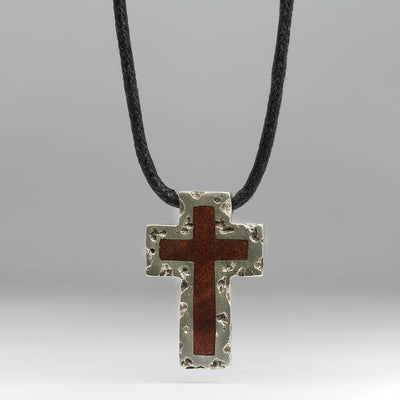 Sandcast Rock Ring Style Cross Pendant in Silver with Hayle Harbour Wood Inlay