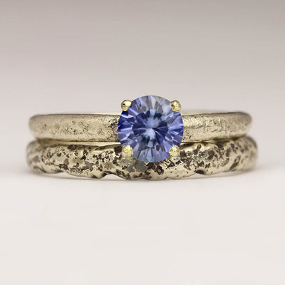 Sandcast Sapphire Engagement Ring in 9ct White Gold and Extra Texture 9ct White Gold Sandcast Wedding Ring