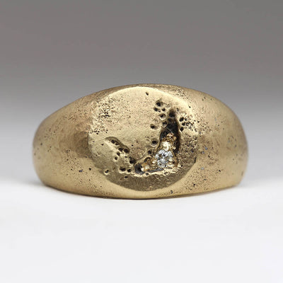 Sandcast Signet Ring in Heirloom 9ct Yellow Gold with Offset Tiny Diamond