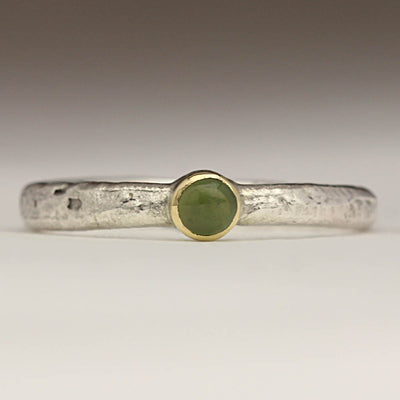Sandcast Silver Ring with Own Jade Bezel Set in 18ct Yellow Gold